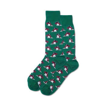  men's holiday dog crew socks in dark green with cartoon dogs wearing red scarves.   