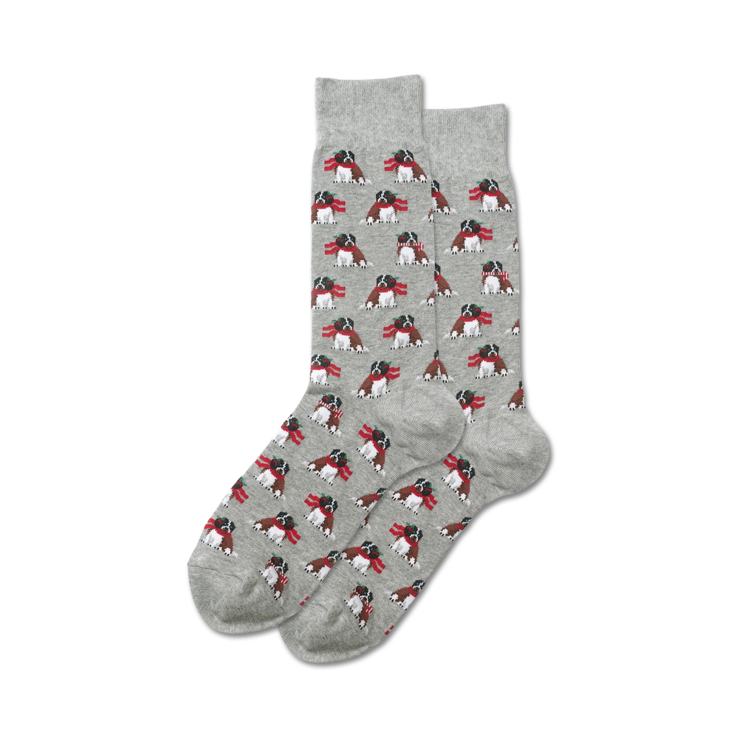 Lifestyle shot: A pair of gray Holiday Dog socks casually displayed.