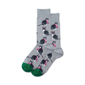 gray crew socks featuring black cats with red scarves and reindeer antlers with green toes and heels.  