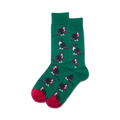 Close-up showing green crew socks with the same reindeer cat design, red cuffs.