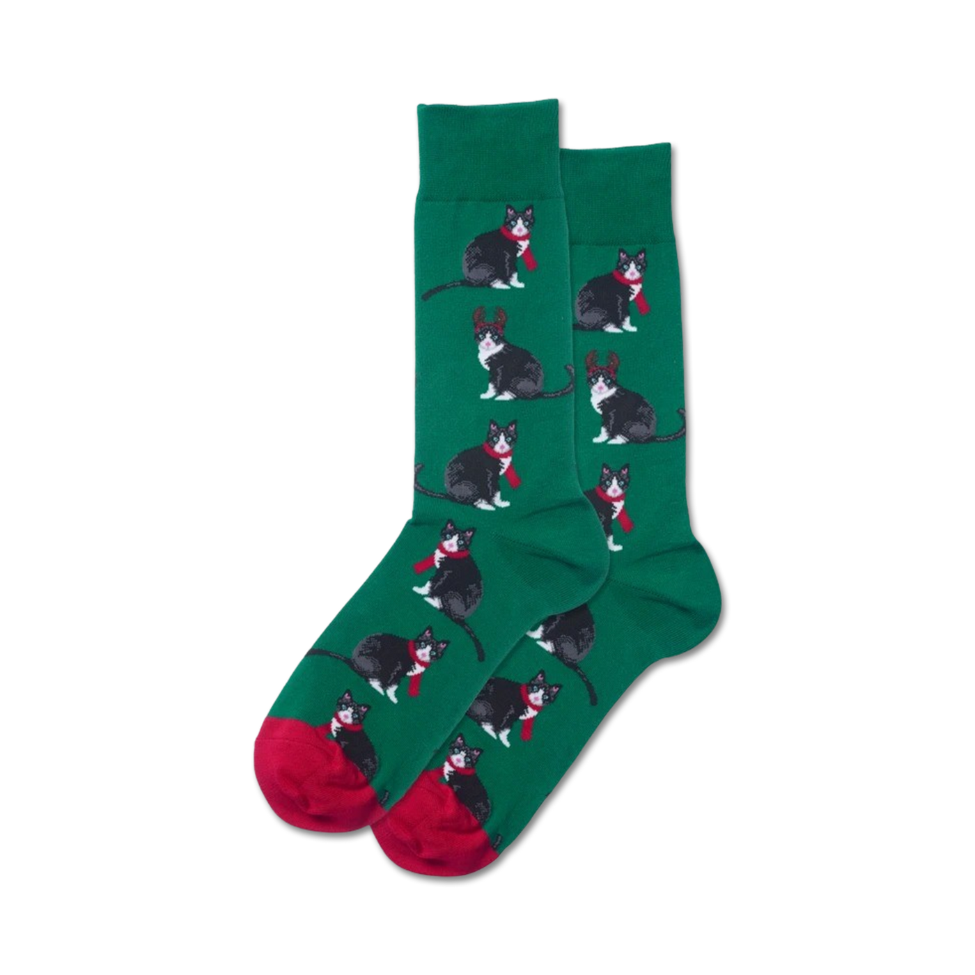 Close-up showing green crew socks with the same reindeer cat design, red cuffs.