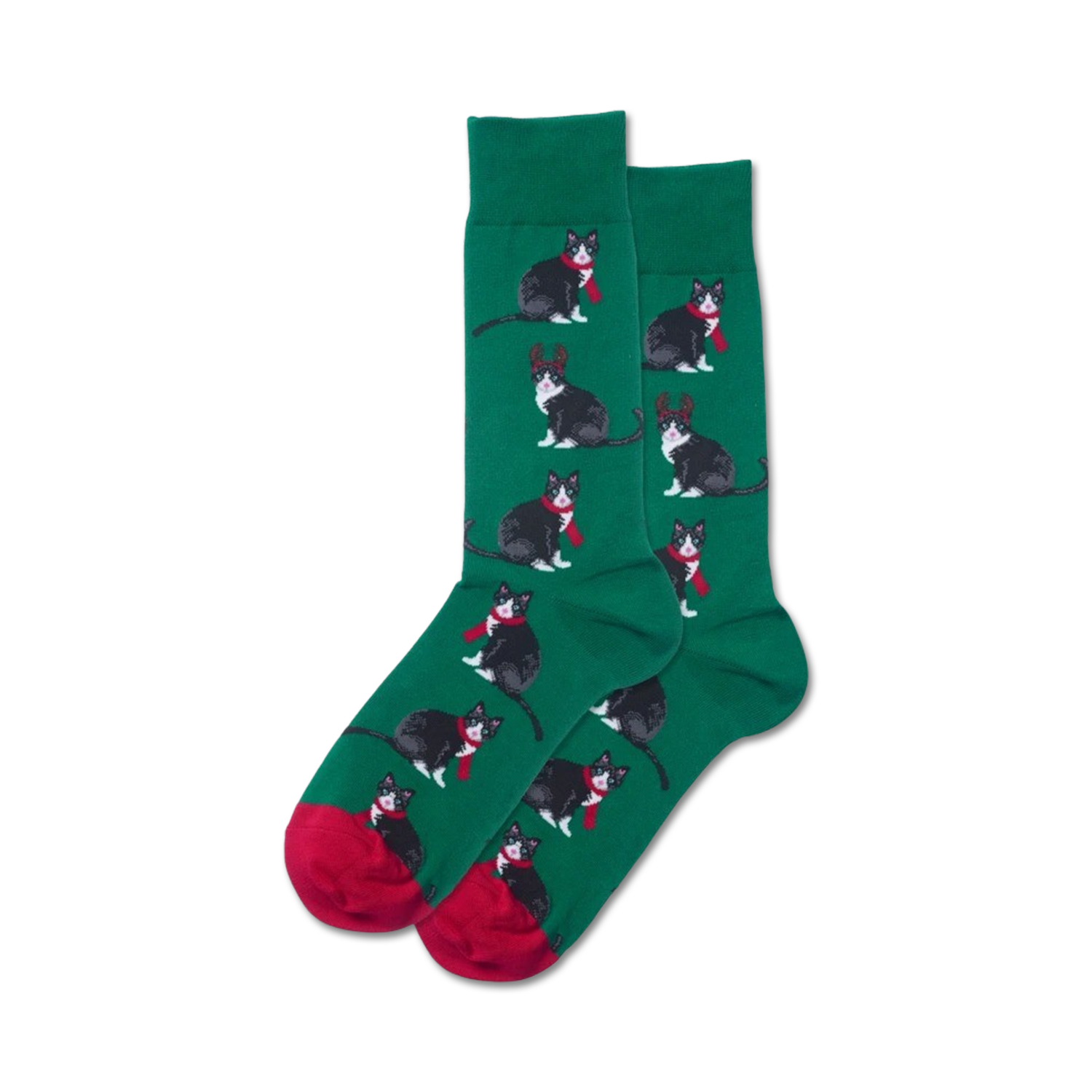 Close-up showing green crew socks with the same reindeer cat design, red cuffs.