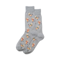 Pair of gray crew socks featuring a pattern of ice-skating reindeer with green and red scarves.
