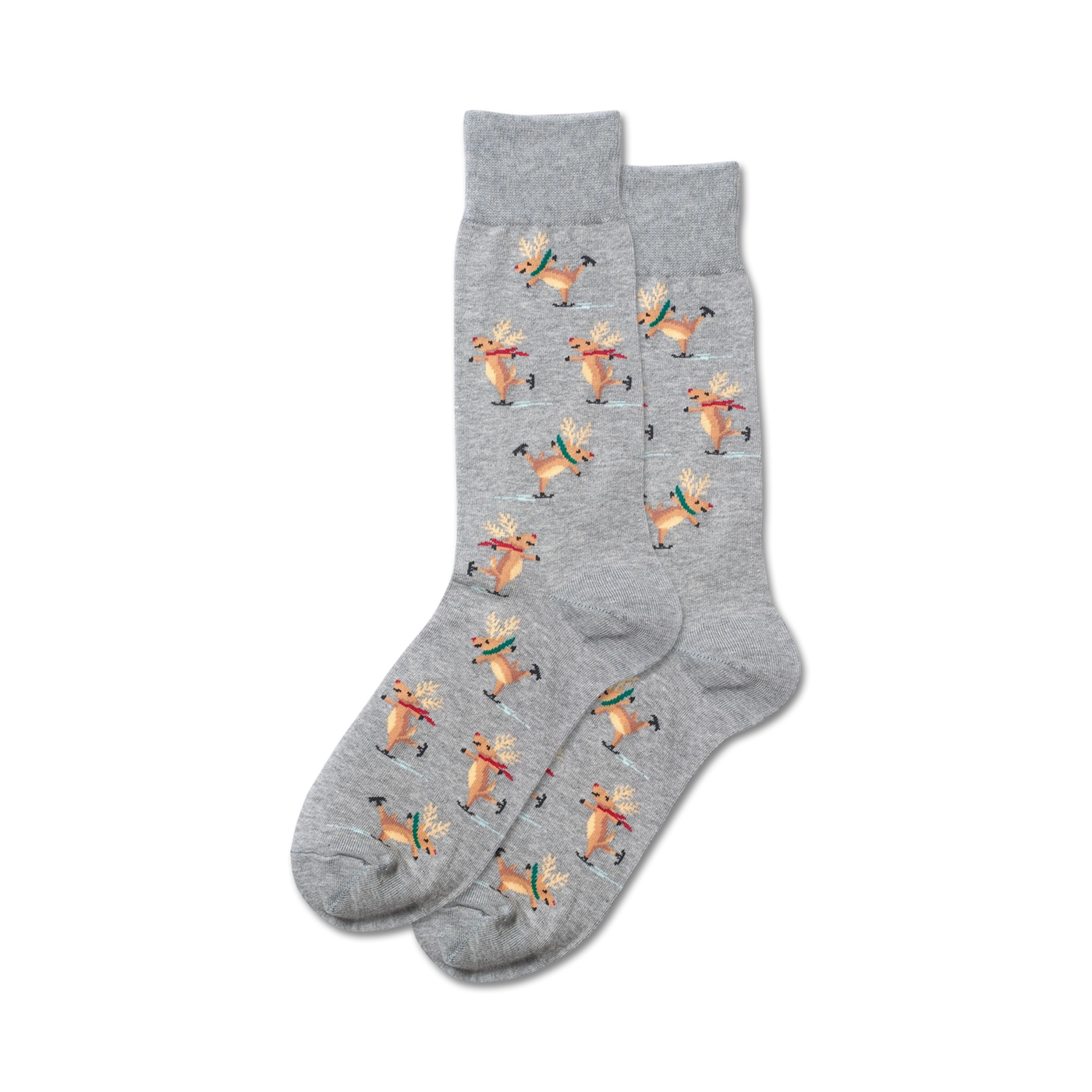 Pair of gray crew socks featuring a pattern of ice-skating reindeer with green and red scarves.