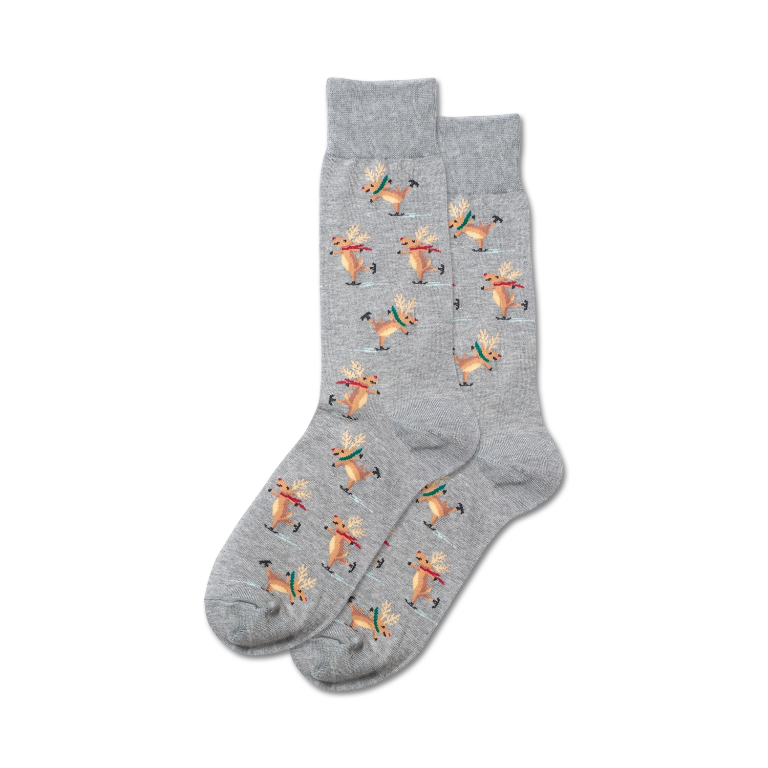 Pair of gray crew socks featuring a pattern of ice-skating reindeer with green and red scarves.