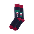 Pair of navy blue crew socks with burgundy cuffs.  Each sock shows a red wine glass with a green bow and the text 'Dreaming of a Wine Christmas'.