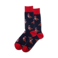 Pair of crew socks; navy blue with red candy canes and sloths wearing Santa hats.  A fun, festive design.