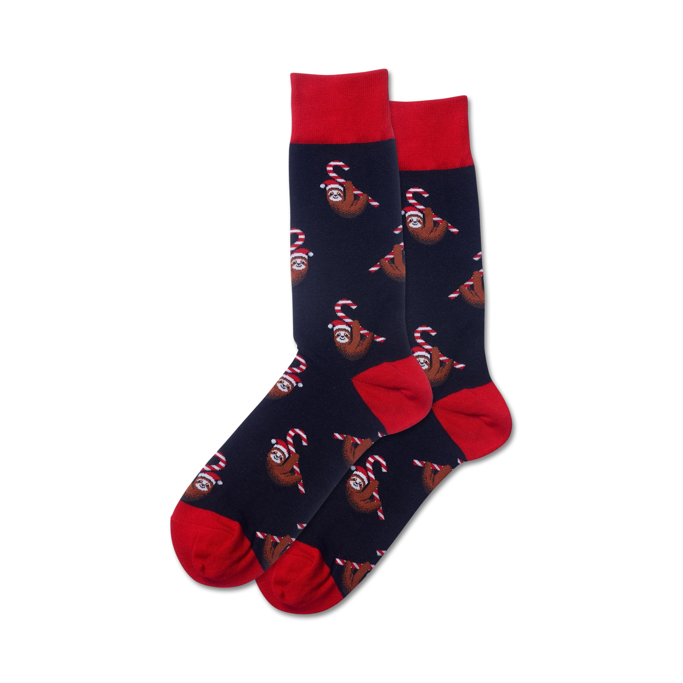 Pair of crew socks; navy blue with red candy canes and sloths wearing Santa hats.  A fun, festive design.