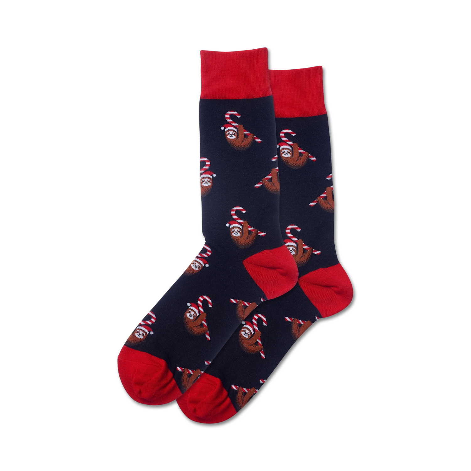Pair of crew socks; navy blue with red candy canes and sloths wearing Santa hats.  A fun, festive design.