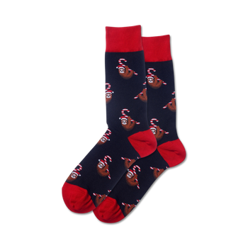 black crew socks feature sloths in santa hats holding candy canes.   