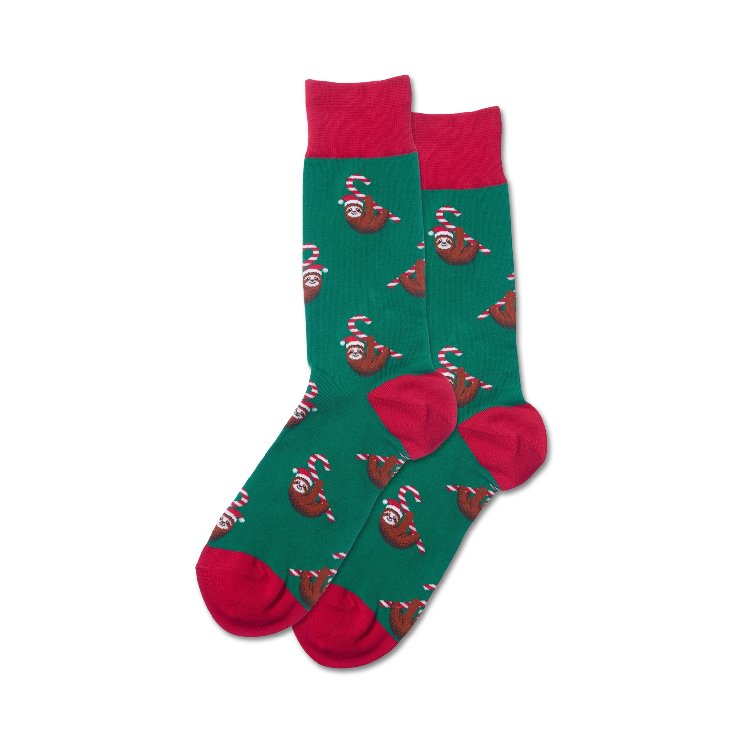 Lifestyle shot showing the Candy Cane Sloth socks on a person's feet, giving a sense of scale and how they look when worn.