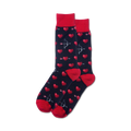 Pair of crew socks, dark background with red pixel hearts and gray pixel bow and arrows.