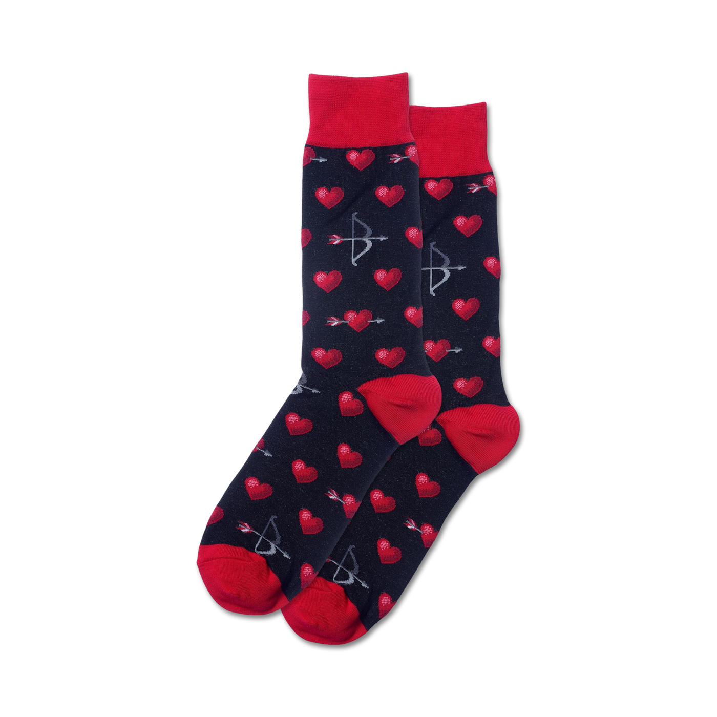 Pair of crew socks, dark background with red pixel hearts and gray pixel bow and arrows.