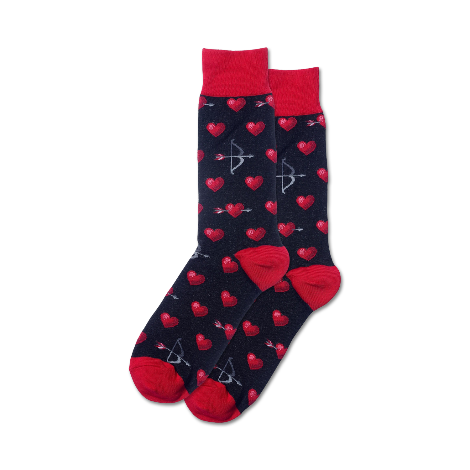 Pair of crew socks, dark background with red pixel hearts and gray pixel bow and arrows.