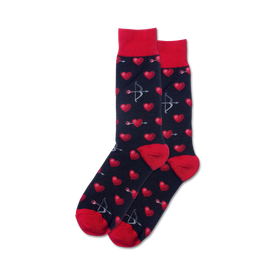 black valentine's themed socks with red hearts pierced by arrows. crew length for men.   