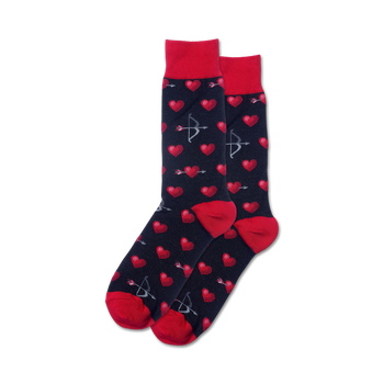 black valentine's themed socks with red hearts pierced by arrows. crew length for men.   