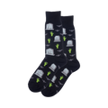 Pair of navy crew socks with a Halloween design. The pattern includes cartoon gravestones, zombie hands, and bats.