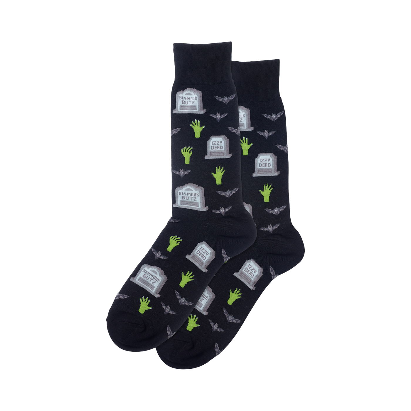 Pair of navy crew socks with a Halloween design. The pattern includes cartoon gravestones, zombie hands, and bats.