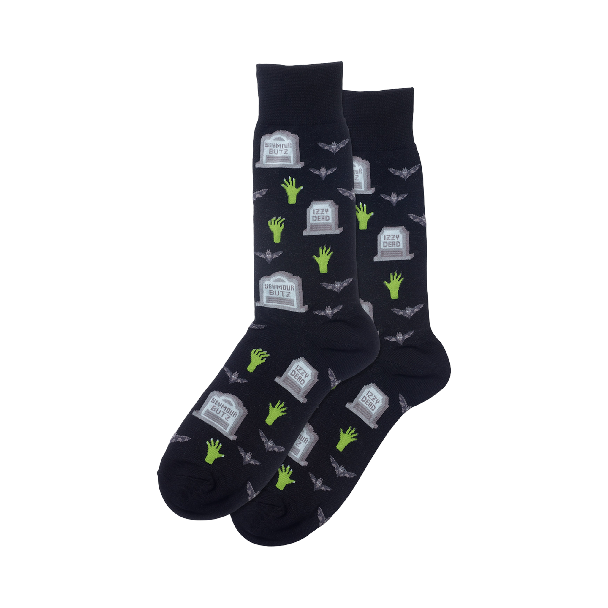 Pair of navy crew socks with a Halloween design. The pattern includes cartoon gravestones, zombie hands, and bats.
