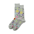A pair of grey crew socks with a Halloween theme. The socks feature colorful cocktail designs, bats, and the text 'Here For The Boos'.