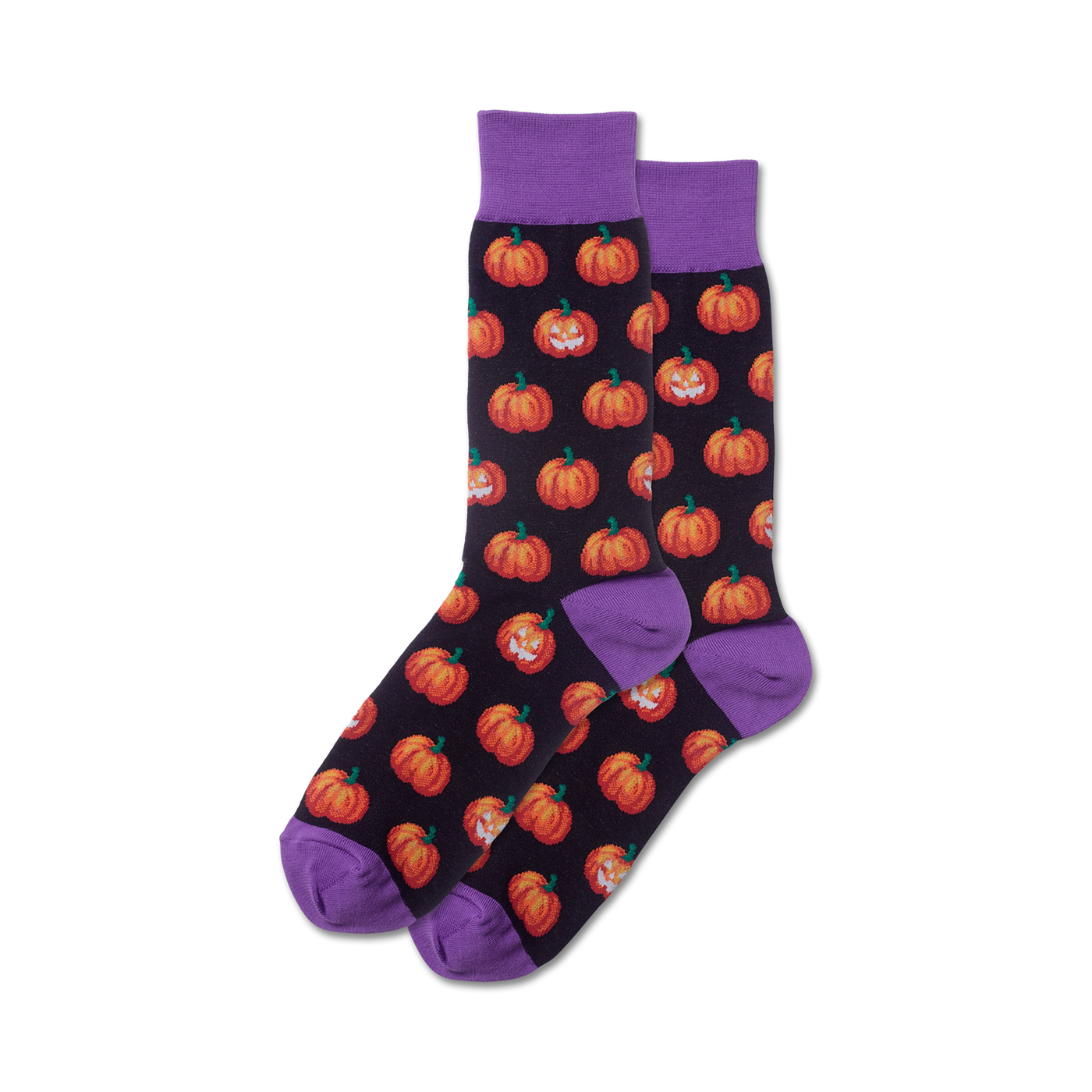 Pair of crew socks with a dark background and orange grinning pumpkin pattern. Purple cuffs.