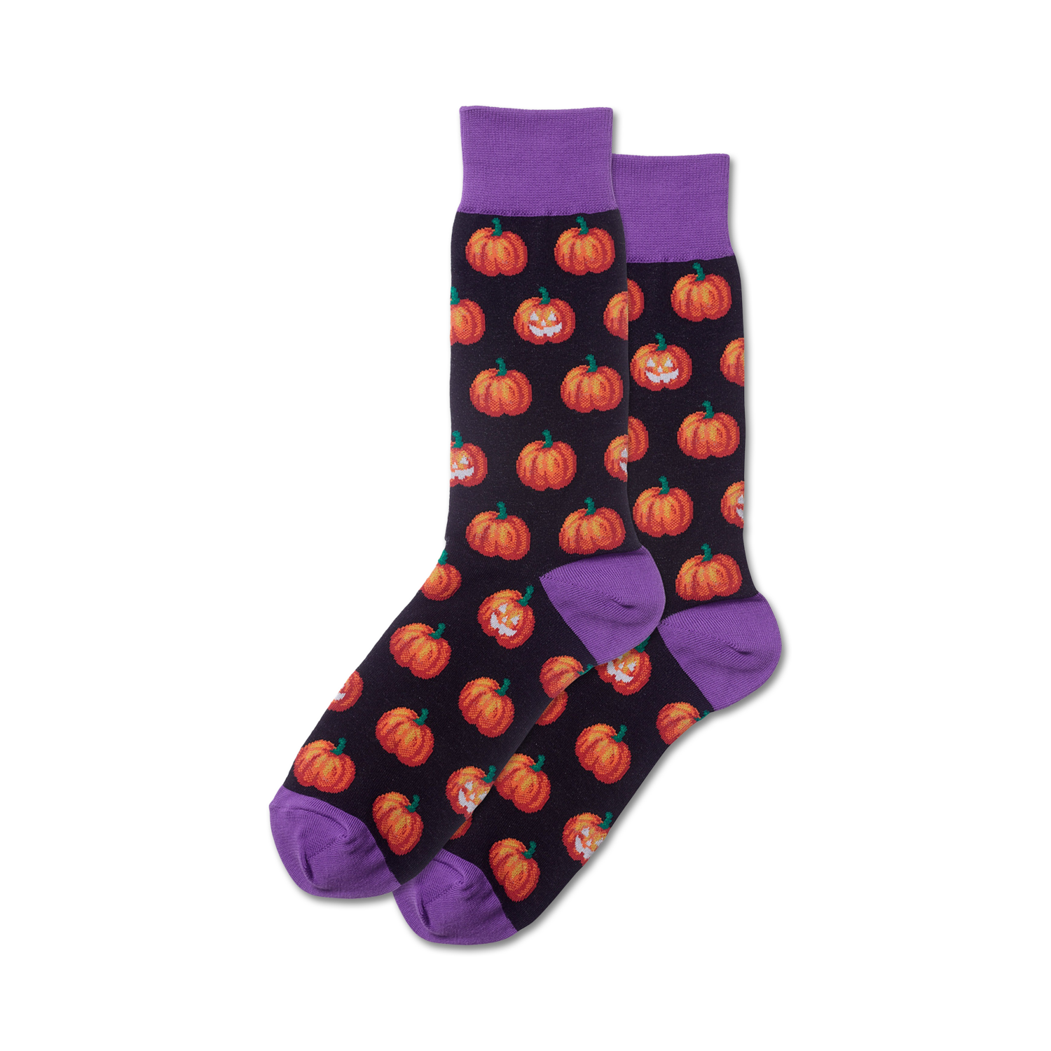 Pair of crew socks with a dark background and orange grinning pumpkin pattern. Purple cuffs.