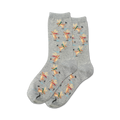 Pair of gray crew socks featuring a pattern of ice-skating reindeer in brown, green, and red.