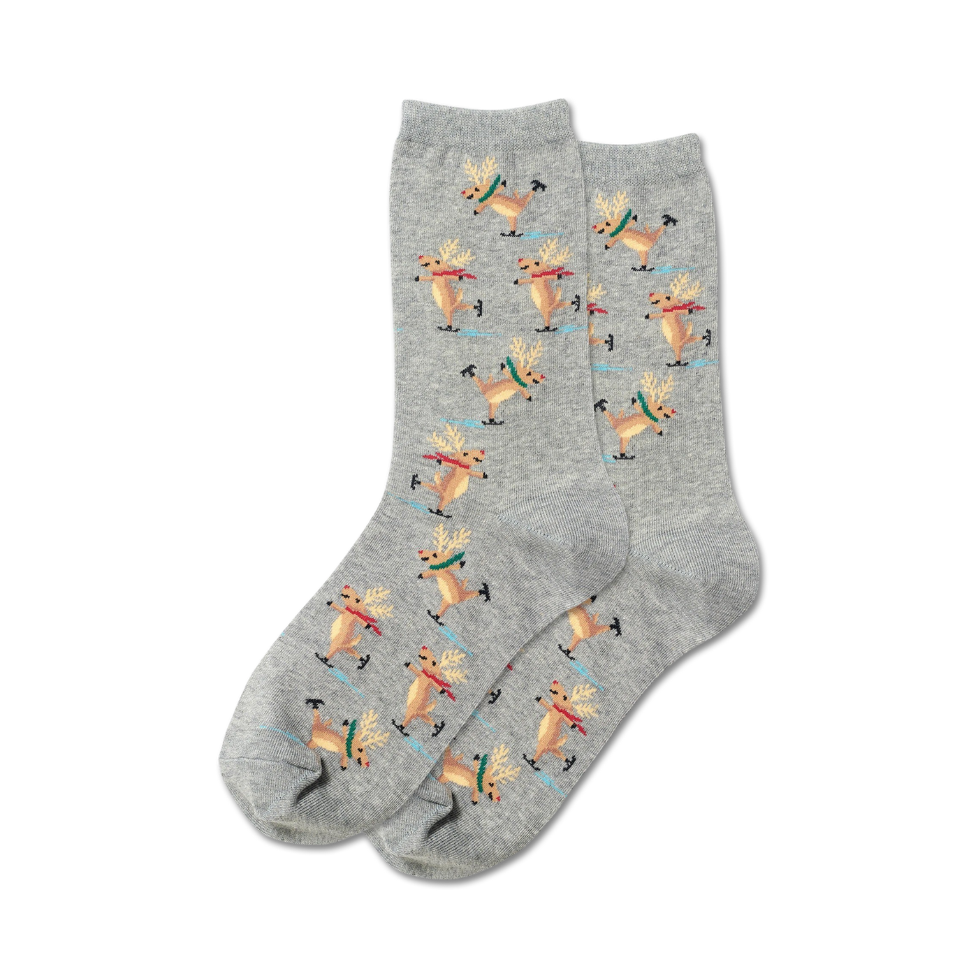 Pair of gray crew socks featuring a pattern of ice-skating reindeer in brown, green, and red.