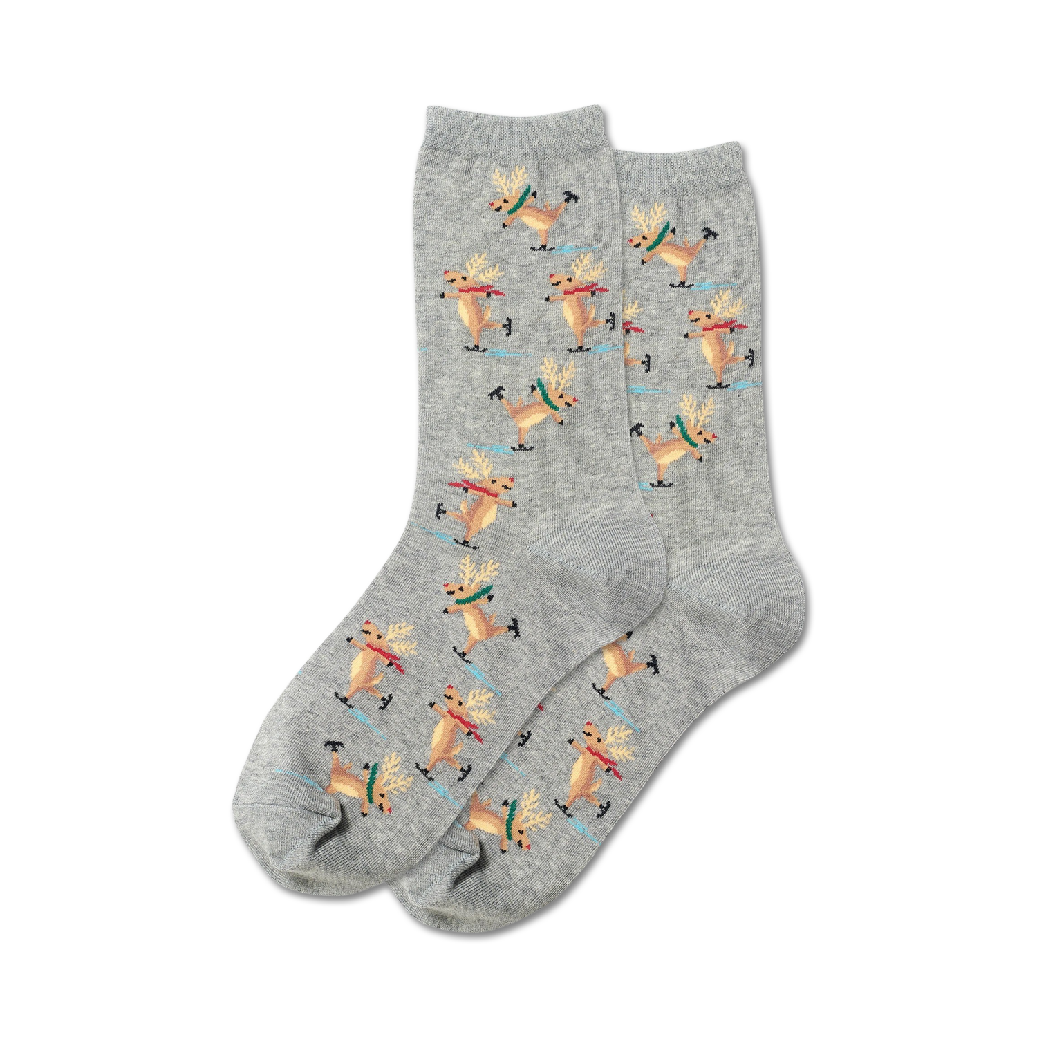 Pair of gray crew socks featuring a pattern of ice-skating reindeer in brown, green, and red.