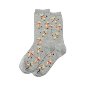  women's gray crew socks feature a pattern of ice skating reindeer wearing red and green scarves on a light blue background.  