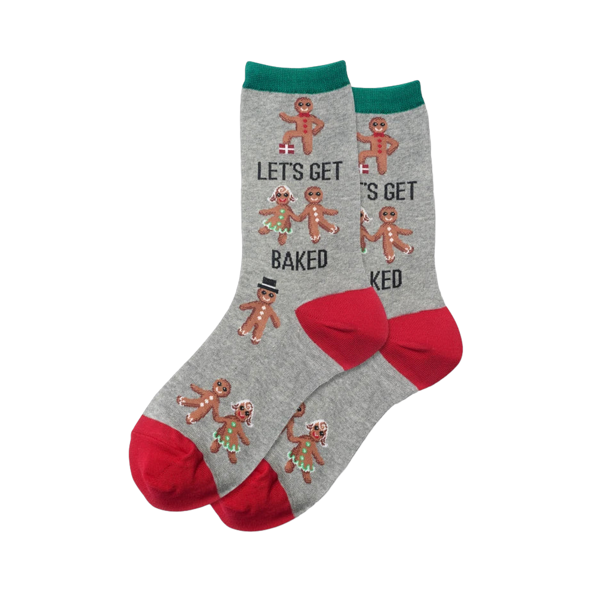 Pair of women's crew socks. Grey and green socks with red accents, featuring a repeating pattern of gingerbread people and the phrase 'Let's Get Baked'.