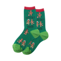 Close-up product shot of green 'Let's Get Baked' crew socks showing the gingerbread cookie design and text.