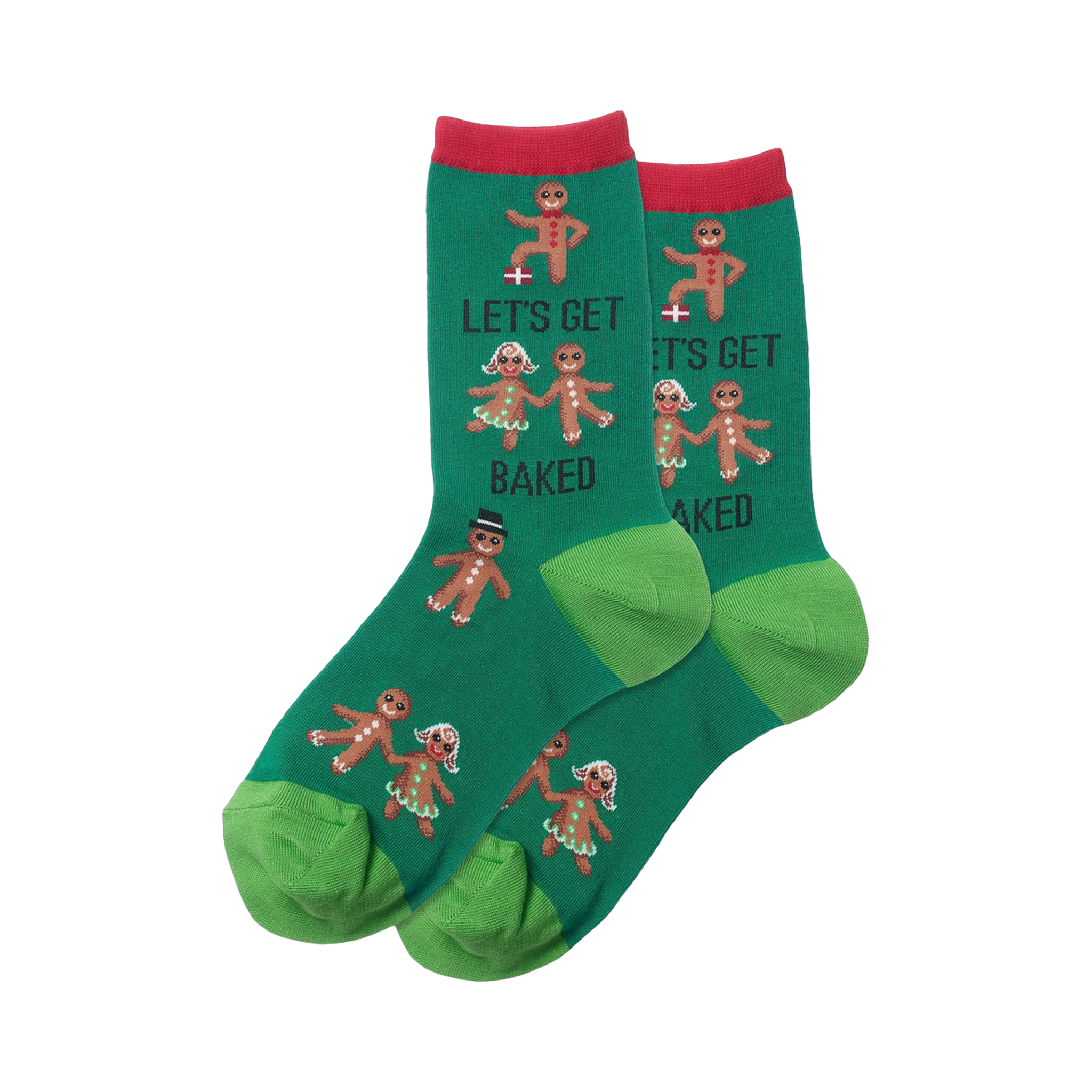 Close-up product shot of green 'Let's Get Baked' crew socks showing the gingerbread cookie design and text.