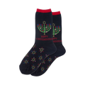 Pair of navy blue crew socks. Feature a menorah graphic, 'Happy Chrismukkah' text, and a repeating Star of David pattern in multicolored thread.