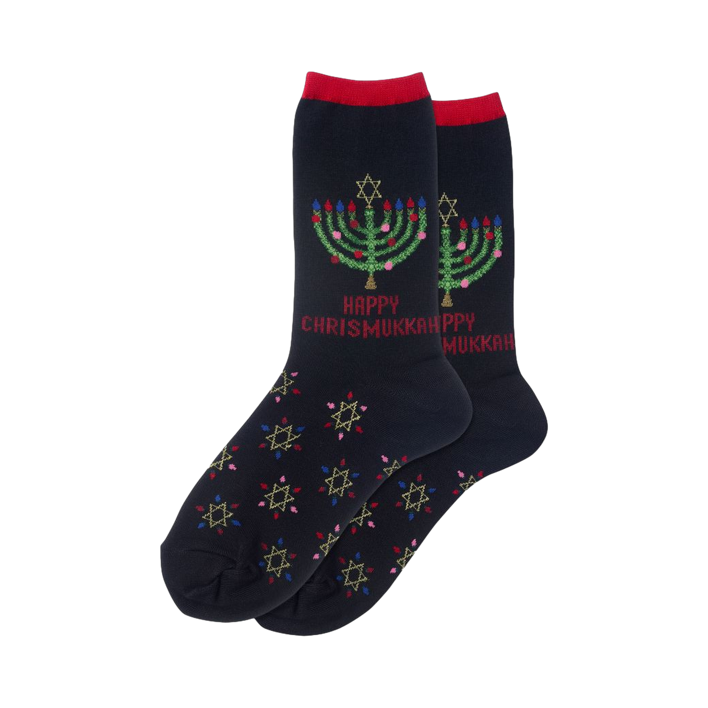 Pair of navy blue crew socks. Feature a menorah graphic, 'Happy Chrismukkah' text, and a repeating Star of David pattern in multicolored thread.
