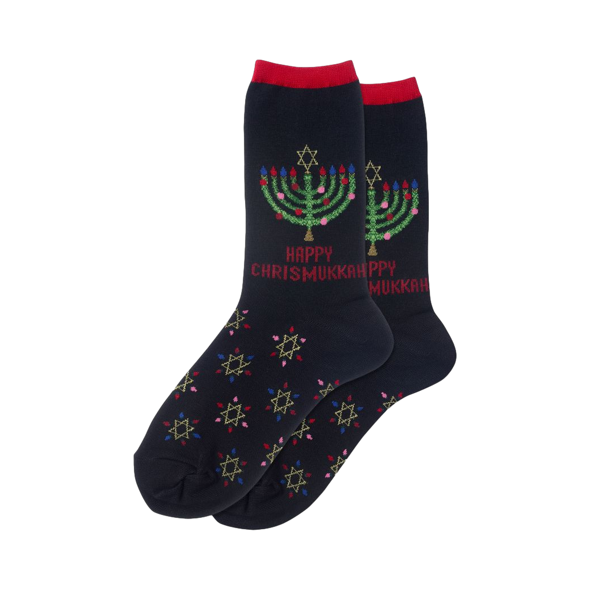 Pair of navy blue crew socks. Feature a menorah graphic, 'Happy Chrismukkah' text, and a repeating Star of David pattern in multicolored thread.