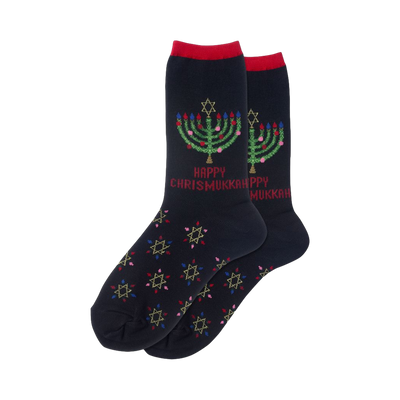 Pair of navy blue crew socks. Feature a menorah graphic, 'Happy Chrismukkah' text, and a repeating Star of David pattern in multicolored thread.