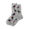 Pair of grey crew socks with repeating pattern of black and white tuxedo cats wearing red scarves and some with antlers.