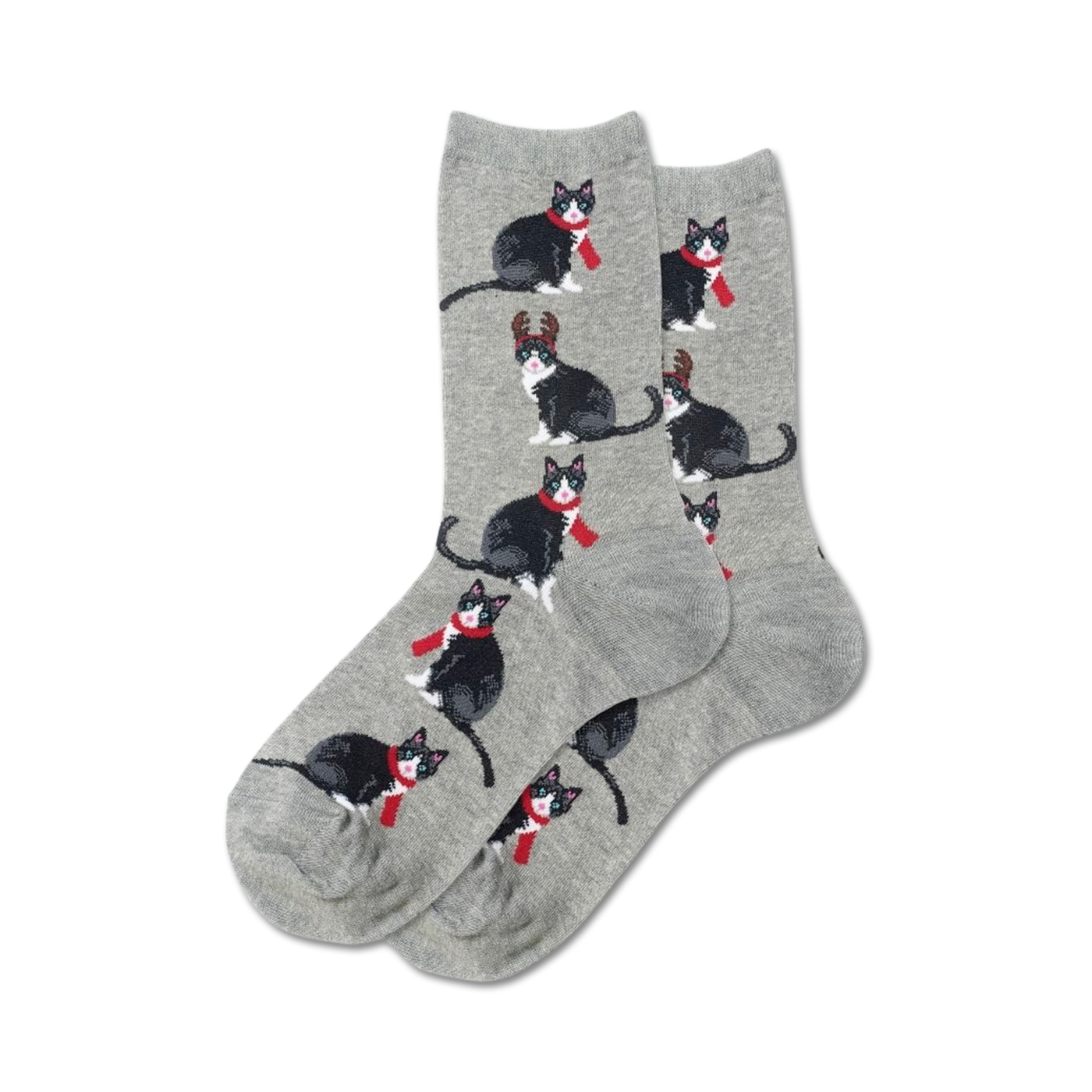 Pair of grey crew socks with repeating pattern of black and white tuxedo cats wearing red scarves and some with antlers.