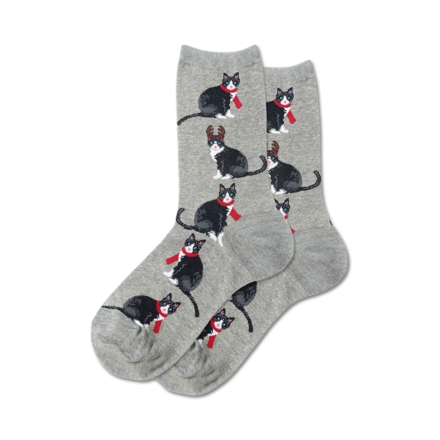 Pair of grey crew socks with repeating pattern of black and white tuxedo cats wearing red scarves and some with antlers.