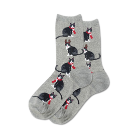 gray women's crew socks with black cats, scarves, and reindeer antlers suitable for christmas wear.   