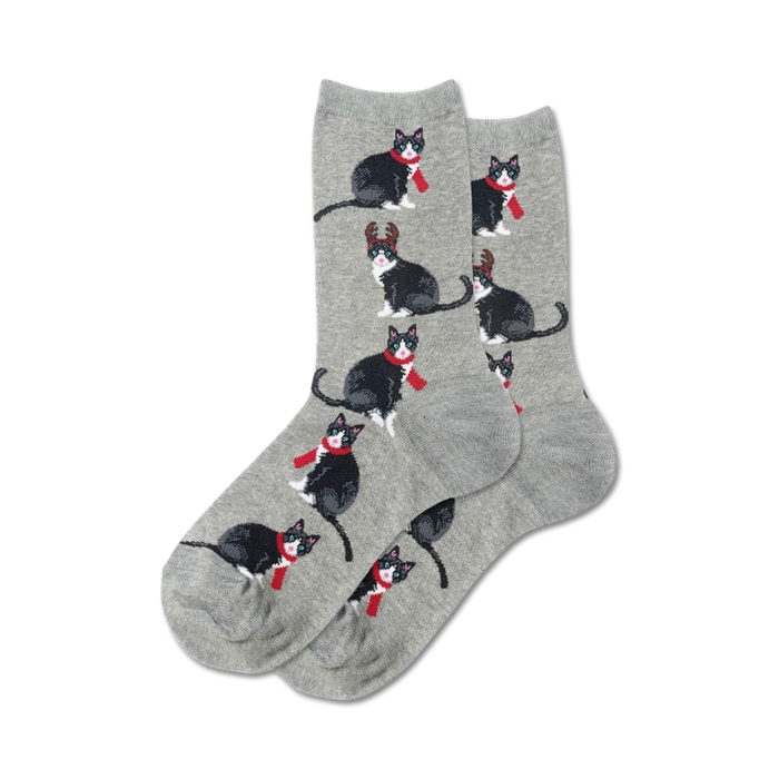 gray women's crew socks with black cats, scarves, and reindeer antlers suitable for christmas wear.    }}