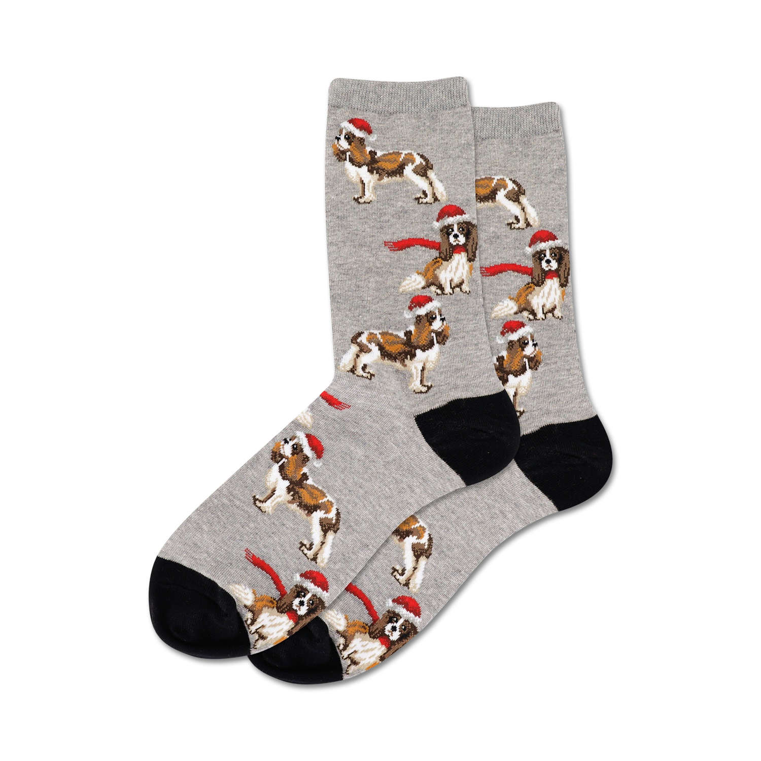 Pair of crew socks in grey with a pattern of Cavalier King Charles Spaniels wearing Santa hats and red scarves. Black heel and toe.