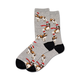   gray crew socks with red santa hat and scarf wearing cavalier king charles spaniels. christmas theme for women.      