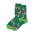 Close-up of a pair of green crew socks with the same Cavalier King Charles Spaniel design; lime green heel and toe.