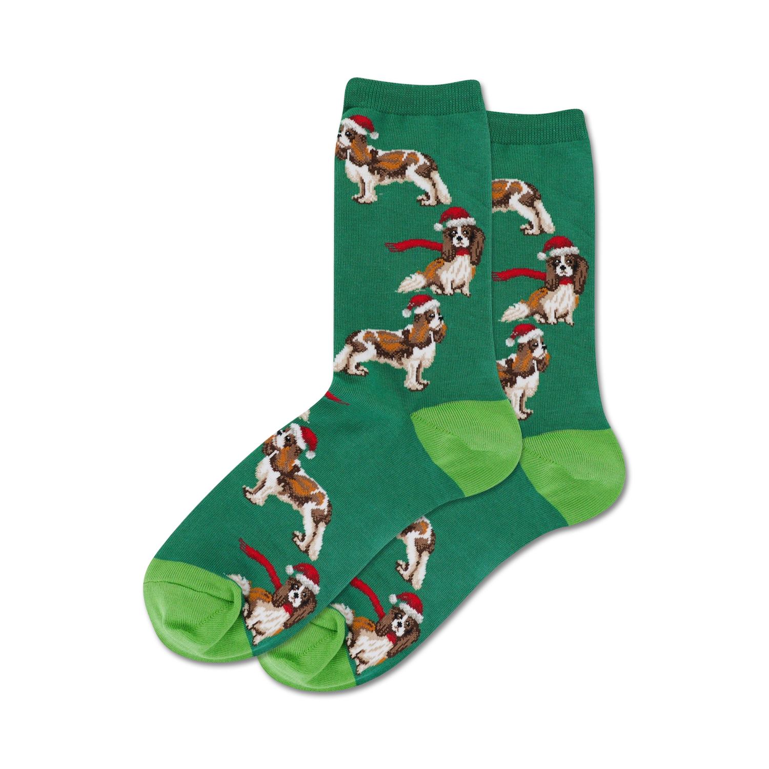 Close-up of a pair of green crew socks with the same Cavalier King Charles Spaniel design; lime green heel and toe.