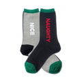 Product photo shows a two-pack of crew socks. One grey sock says 'NICE' in white, the other navy sock says 'NAUGHTY' in red. Both have green cuffs.