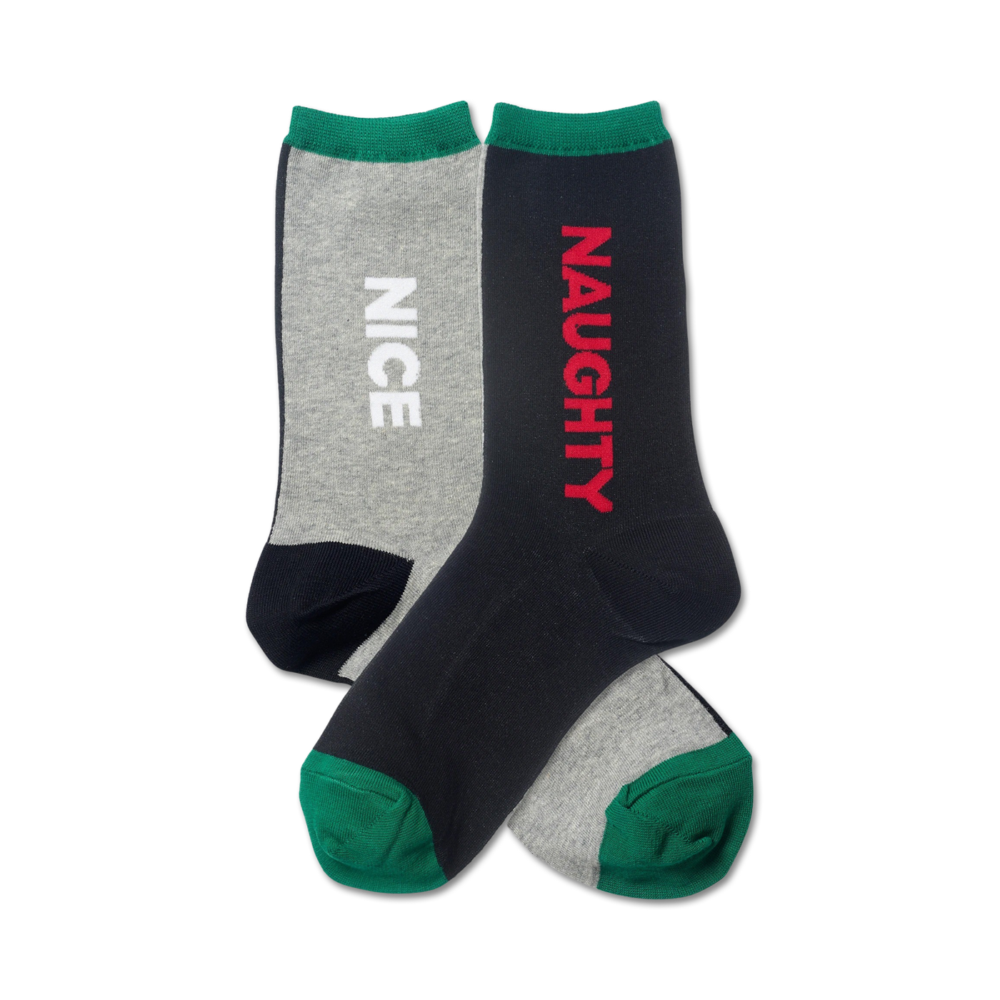 Product photo shows a two-pack of crew socks. One grey sock says 'NICE' in white, the other navy sock says 'NAUGHTY' in red. Both have green cuffs.