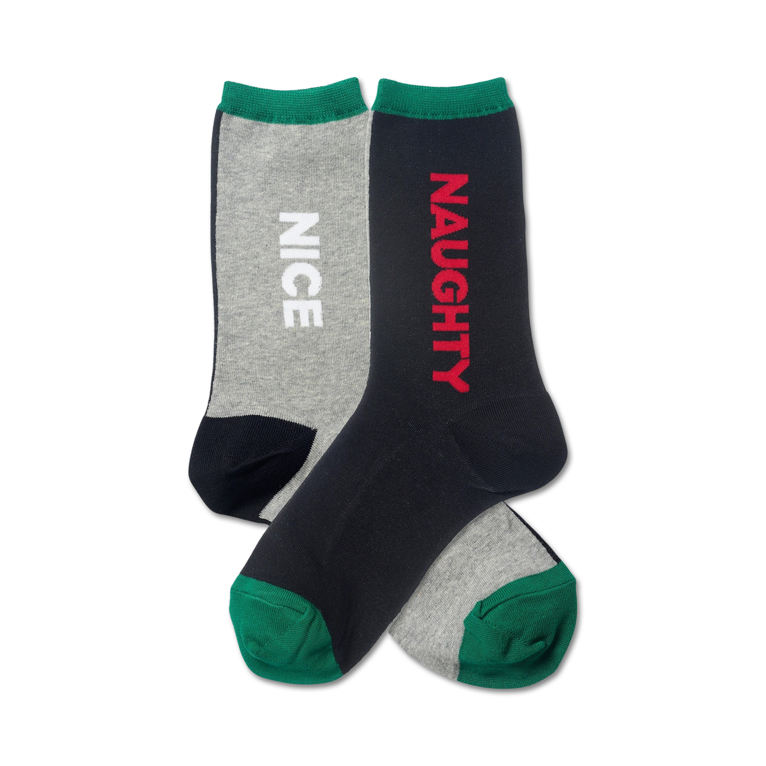 Product photo shows a two-pack of crew socks. One grey sock says 'NICE' in white, the other navy sock says 'NAUGHTY' in red. Both have green cuffs.