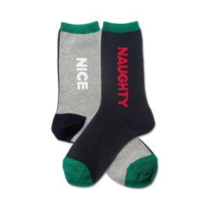 Product photo shows a two-pack of crew socks. One grey sock says 'NICE' in white, the other navy sock says 'NAUGHTY' in red. Both have green cuffs.